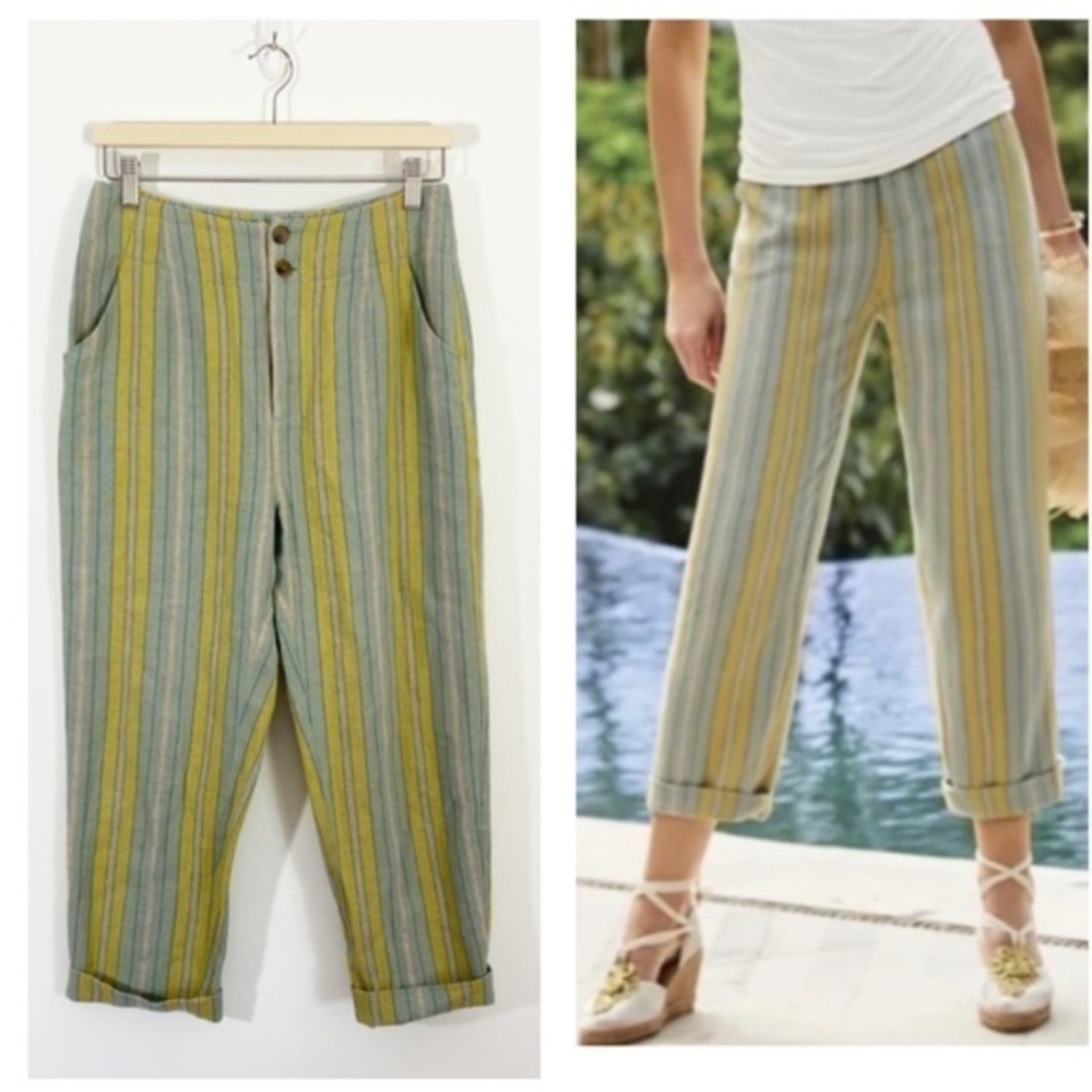 Soft Surroundings 4 Linen Blend‎ Caldera Green Striped Cropped Trouser Pants